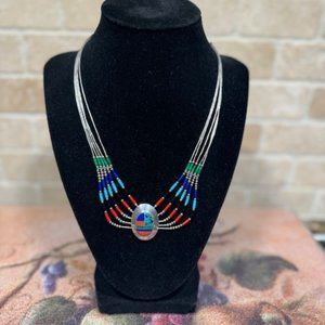 VINTAGE SOUTHWESTERN 5 STRAND LIQUID SILVER BEADED NECKLACE WITH INLAY P…